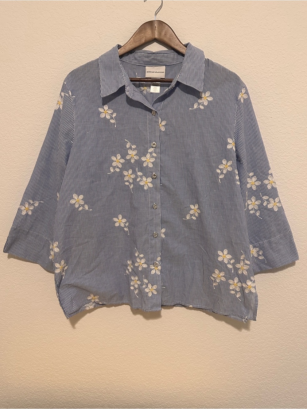 Alfred Dunner Blue Striped Button-Down with White & Yellow Floral Embroidery